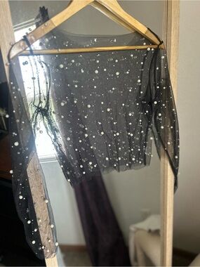 Buckle Black Sheer Mesh Crop Top with Pearl Embellishments